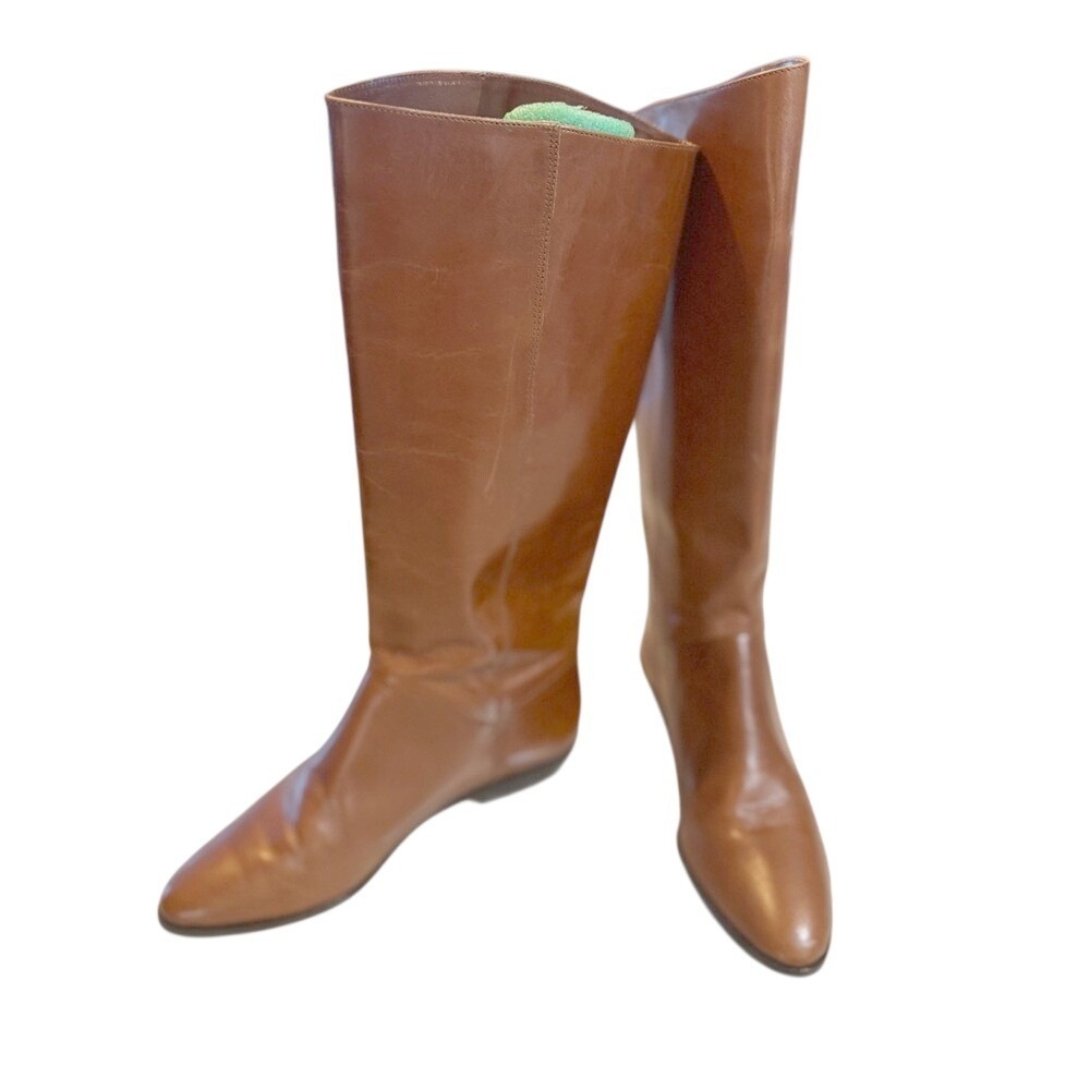 Etienne Aigner Cognac Leather Tall Riding Boots Pointed Toe Flat Equestrian